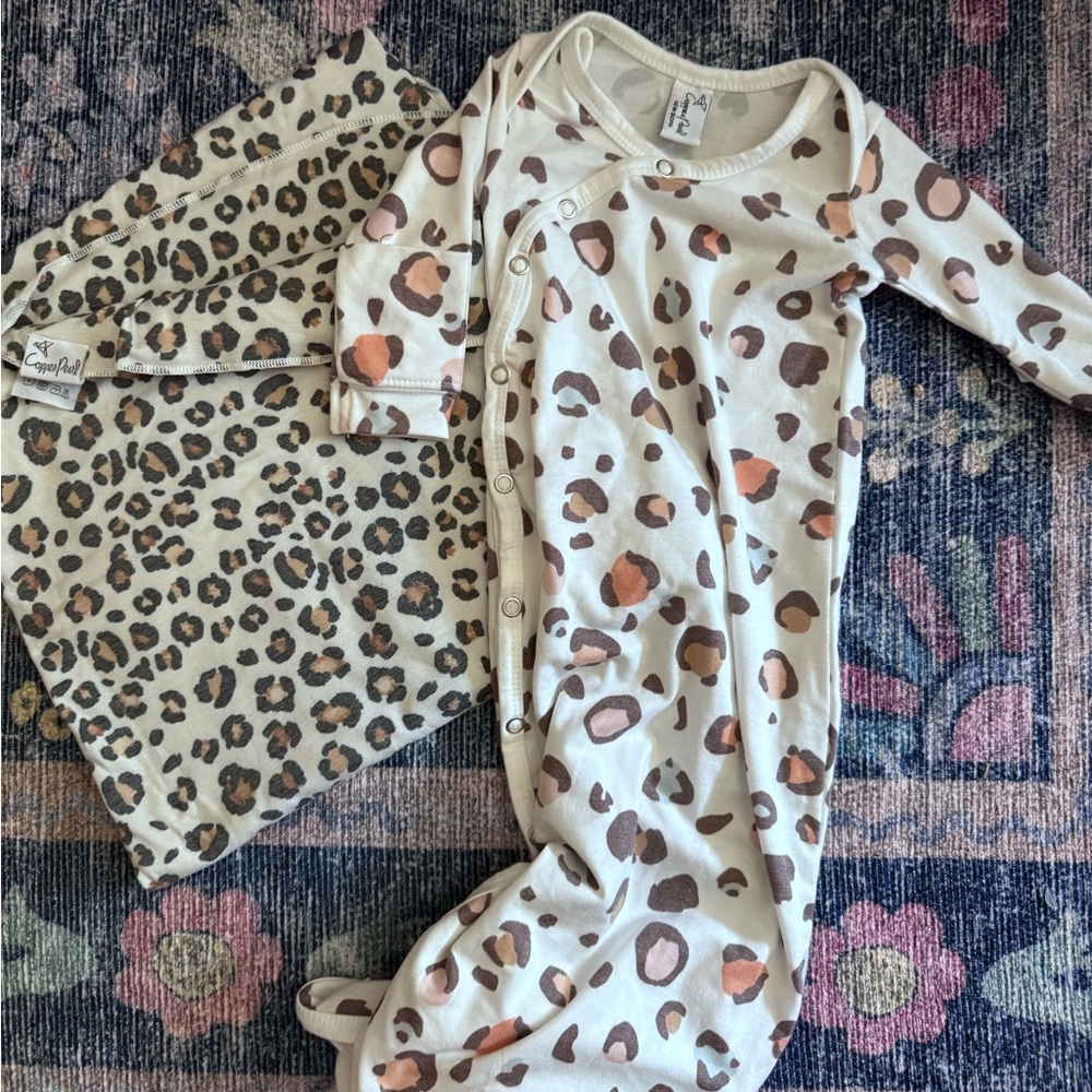 Copper Pearl Newborn Gown and Swaddle in coordinating leopard prints